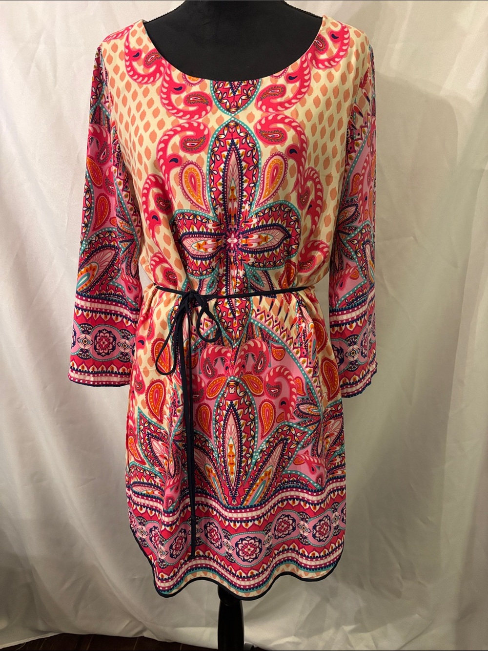 Pink Owl Long Sleeve Paisley Print Tunic Dress - Pink, Cream, Teal